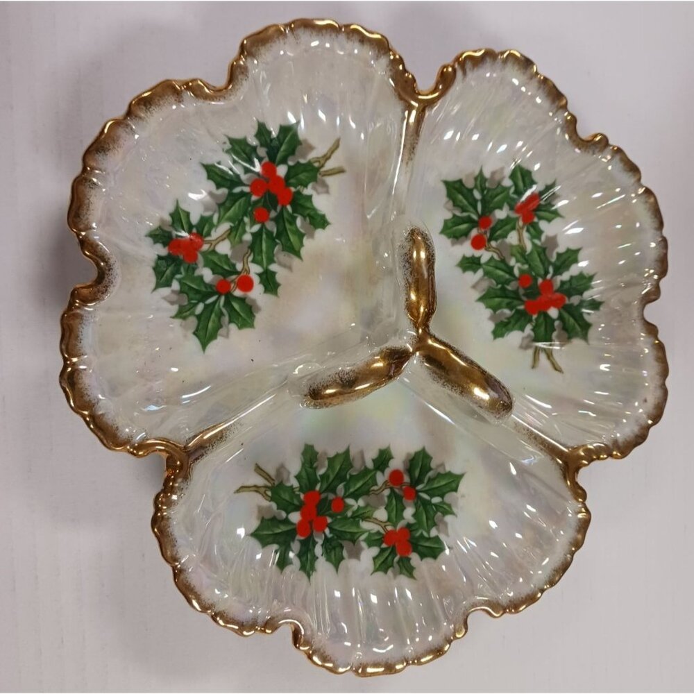 Vintage Ucago Divided Dish Bowl Holly Berries Gold Trimmed Iridescent